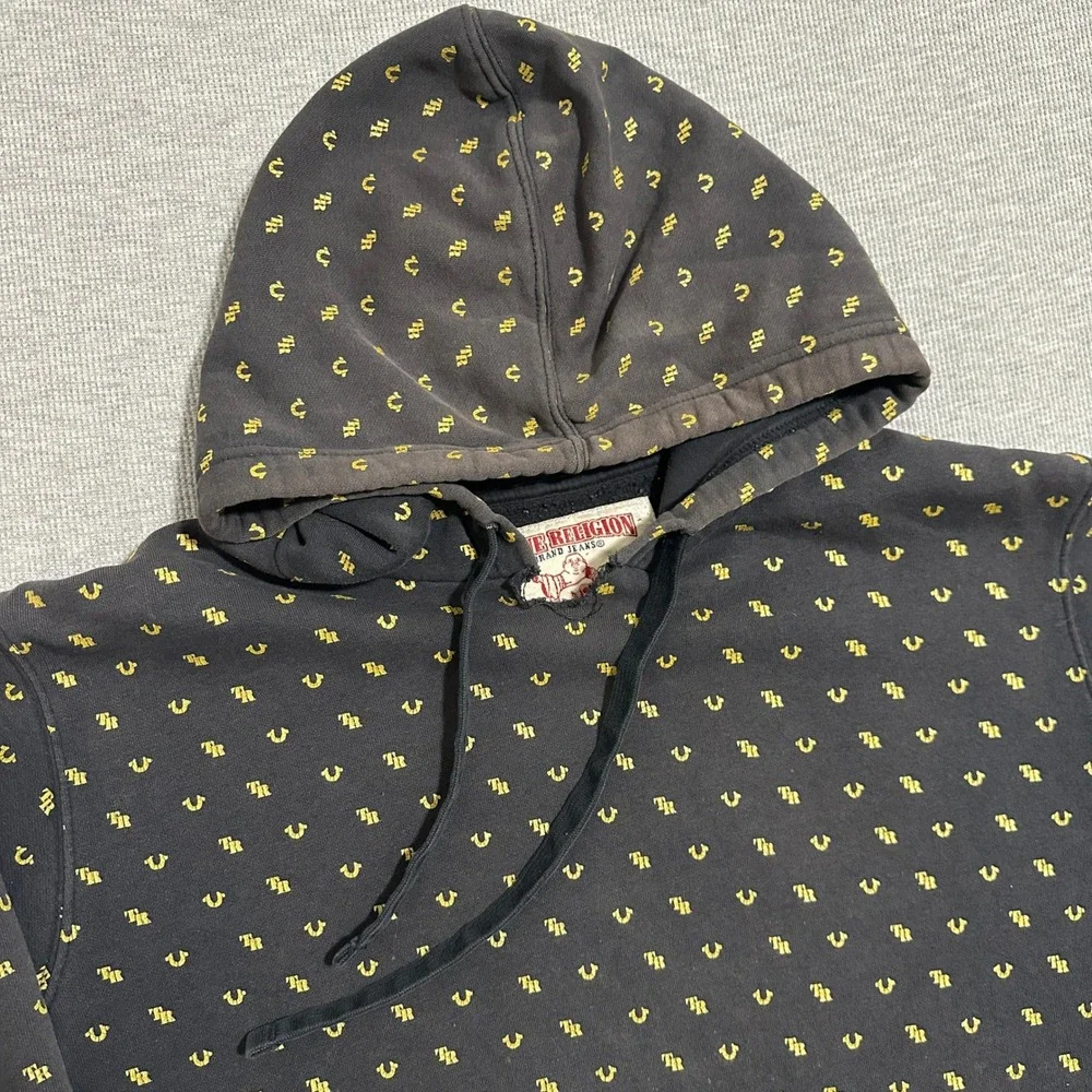 True Religion Monogram AOP Pullover Hoodie Black Gold Horseshoe Logo Y2K X-Large
